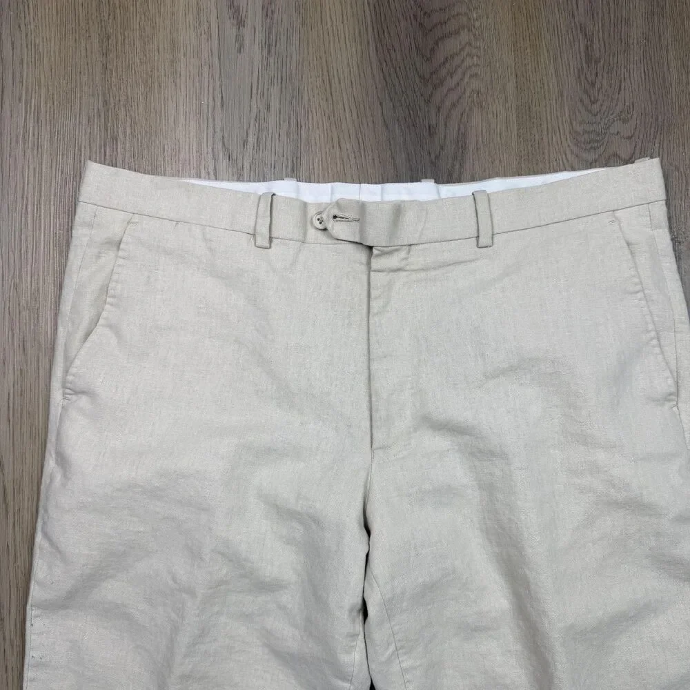 Brioni Dress Pants Mens 38 Beige Linen Flat Front Belted Straight Leg Italy